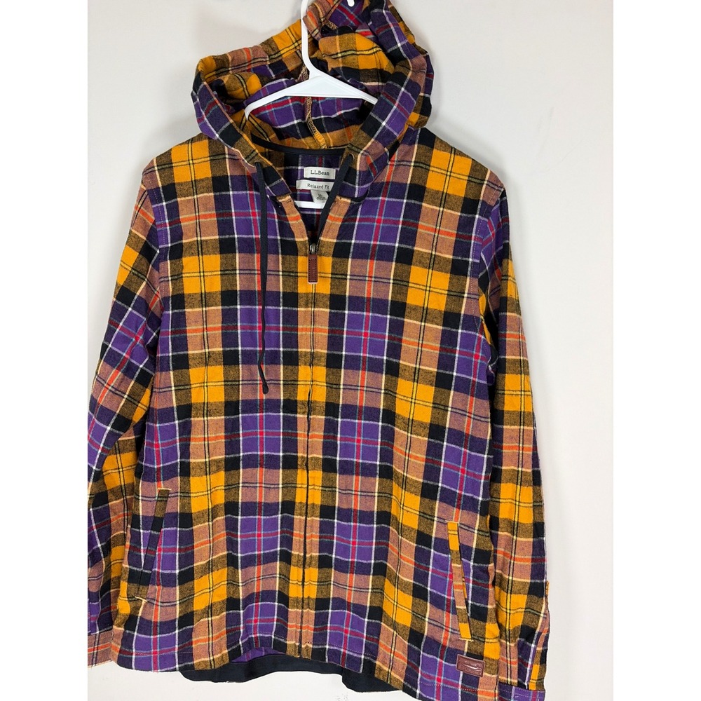 LL Bean Relaxed Fit Flannel Hoodie Orange Purple Plaid Quarter Zip 502092 Mens M